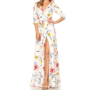 Ivory White Floral Print Faux Wrap Belted Boho Maxi Dress